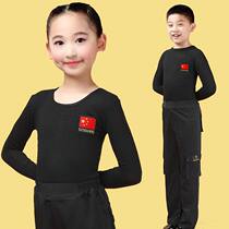 Boy big boy Latin dance suit pocket pants suit Black short sleeve Girl children practice dance suit Dance grading suit