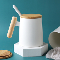 Creative Personality Ceramic Mark Cup with a spoonful wooden handle water cup for men and women with the same household coffee cup customized