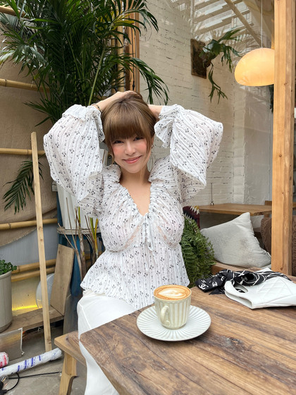 3ts法式复古V领碎花长袖衬衫设计感雪纺衫吊带背心上衣