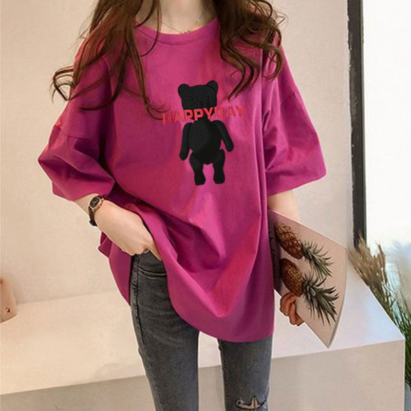 Korean pop brand 2021 new bear T-shirt women's short-sleeved loose medium-long version of summer half-sleeve top fashion wild