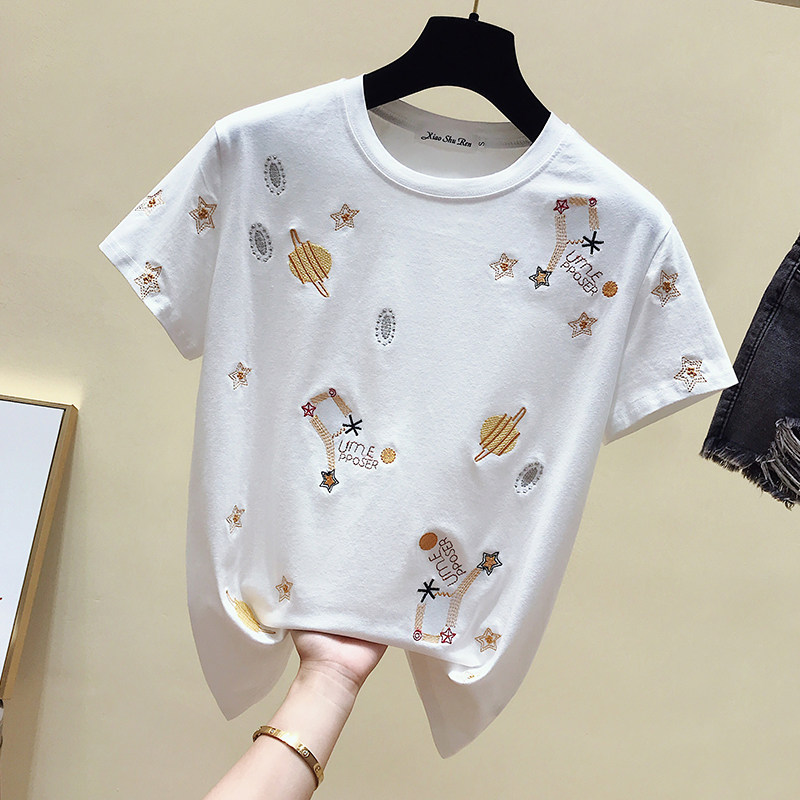 Hong Kong Tide Card 2022 Summer Starry Sky World Embroidered Reworked T-shirt Woman Superfire Cec Short Sleeve Loose version blouse