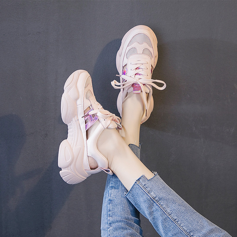 Baotou sandal women genuine leather 2022 new summer thick bottom 100 lapped mesh surface hollowed-out mesh red ins sports old daddy shoe tide