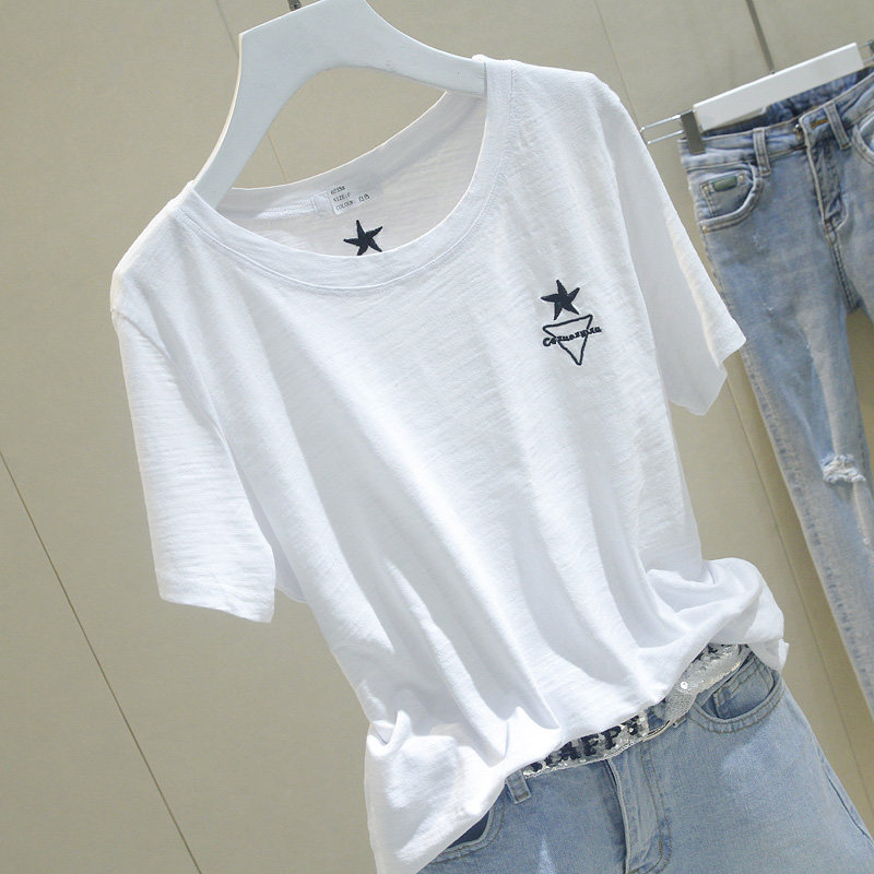 South Korea Short Sleeve T-shirt Woman 2022 Summer Embroidery Pentagram Half Sleeve Bamboo Festival Cotton T-shirt Student Loose Blouses