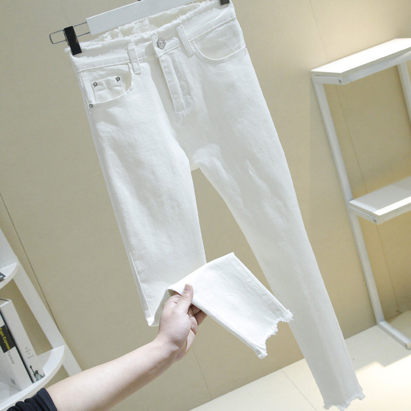 Korean trendy 2022 cotton high-waisted jeans women's early spring new all-match thin elastic raw edge nine-point cigarette pants