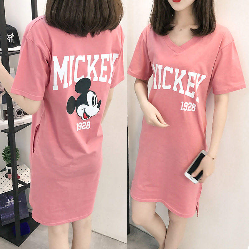 Korean version nightdress female summer pure cotton short-sleeved mid-length skirt plus loose cute cartoon sweet pajamas female summer home service