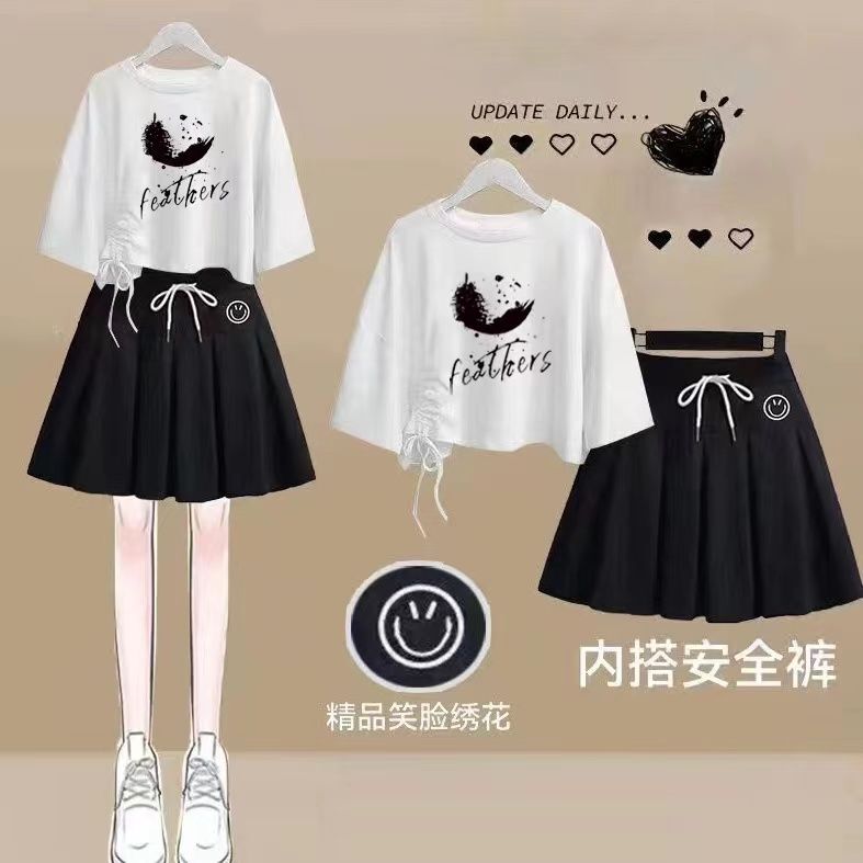 Single/Set Summer New Outfit for Female Students Korean Style Short Printed T-Shirt + Black Skirt Two-Piece Set ins Trendy