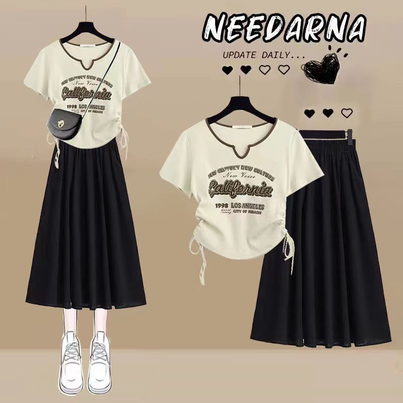 Student Skirt Summer New Style Junior High School Students 10-18 Years Old Girls Drawstring Top + Black Skirt Casual Suit