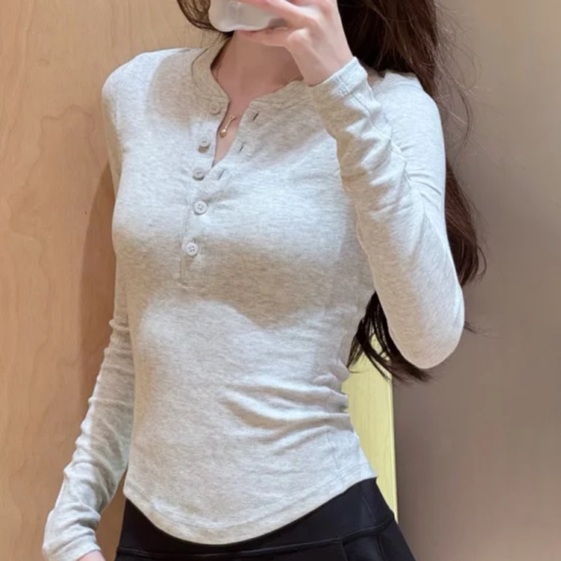 Light Gray Hoid Tght Ribbed Henley Shirt Long-Sleeve Sports Casual T-Shirt Soft and Flattering, Enhances the Figure