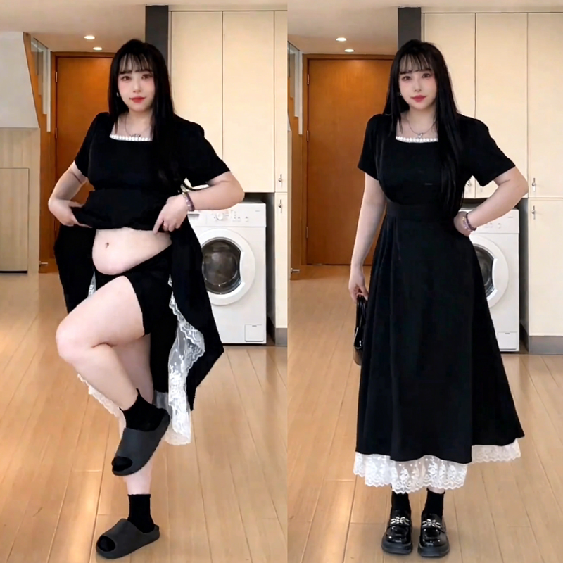 Slightly Chubby Girl Hepburn-Style Lace-Up Design Fashionable Dress for Women Plus Size Lace Patchwork Waist-Slimming Long Dress