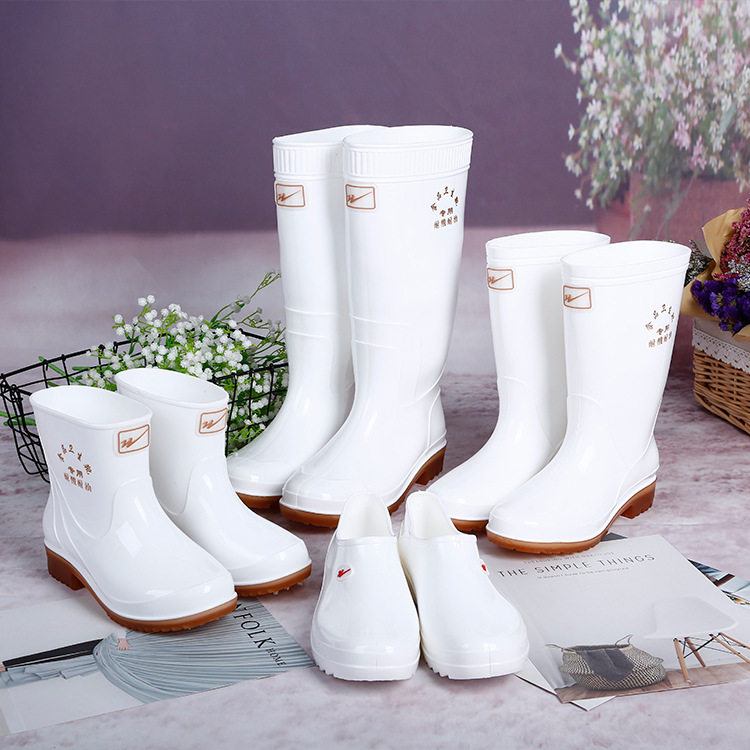 Double star white food boots short tube non-slip anti-oil anti-acid and alkali sanitary boots waterproof rain boots water shoes mid-high tube rubber shoes
