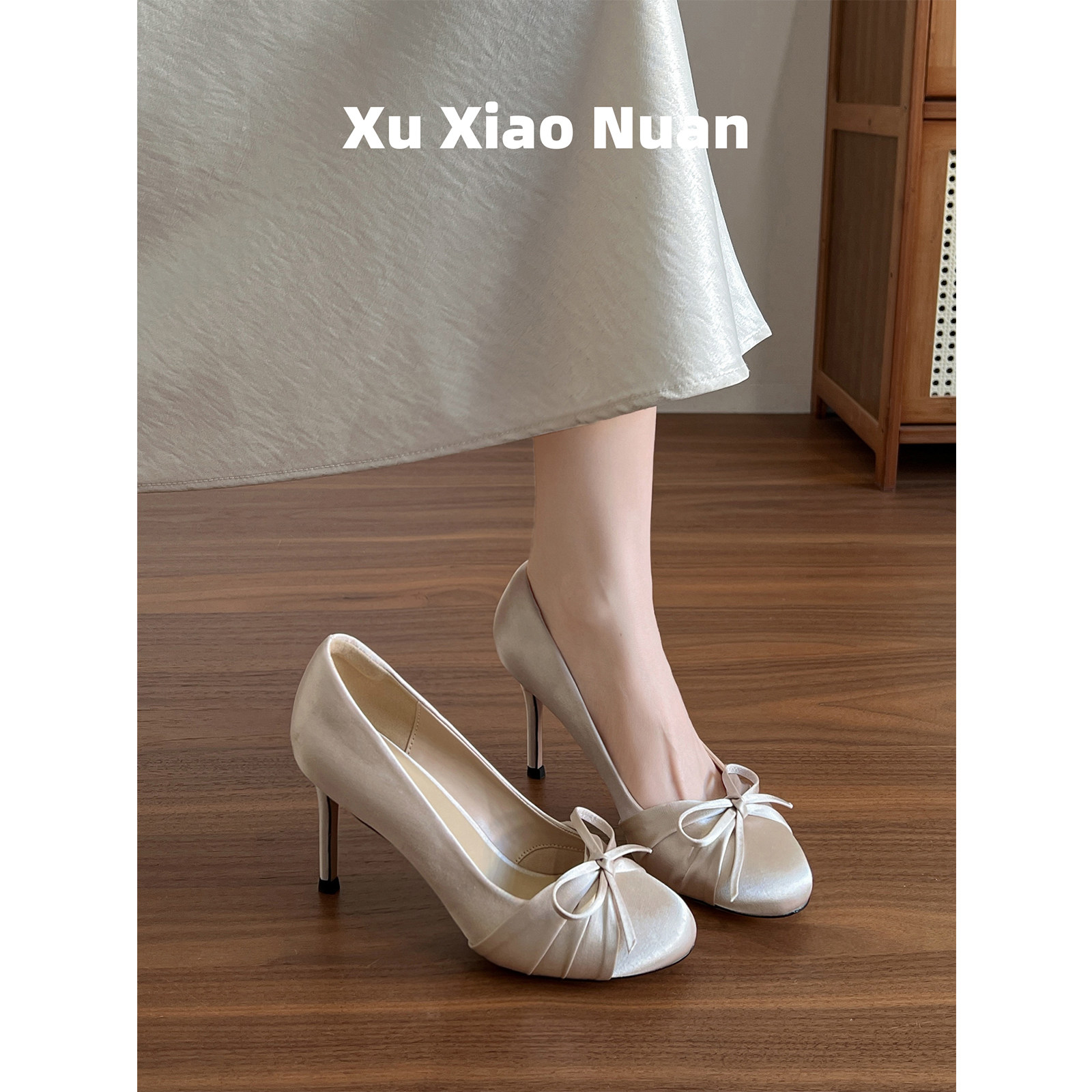 Sheepskin version ~ Gentle round-toe high heels with toe protection, ballet style, satin, low-cut, stiletto heels, versatile women's shoes