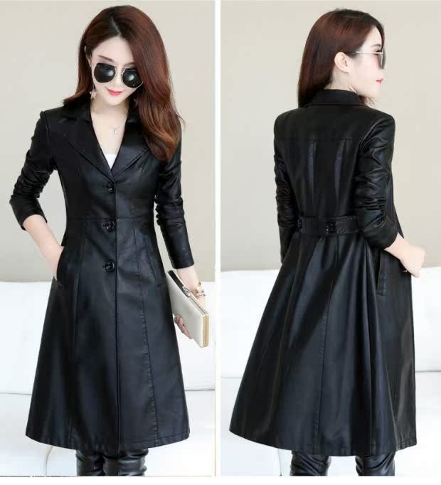 Áo khoác da nữ 2018 xuân hè mới cho nữ áo khoác dài thon gọn phù hợp với cổ áo da trench coat áo khoác da lộn