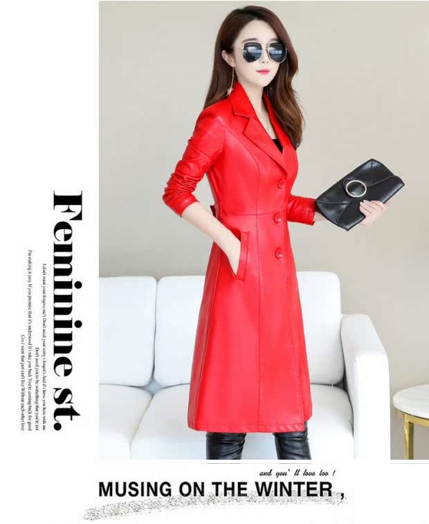 Áo khoác da nữ 2018 xuân hè mới cho nữ áo khoác dài thon gọn phù hợp với cổ áo da trench coat áo khoác da lộn