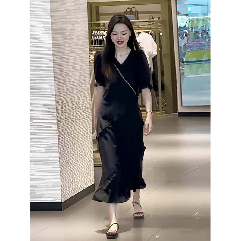 Plus Size Women's Summer Slightly Fat mm Slimming Look French Ruffled Chiffon Dress Black Super Nice Long Skirt