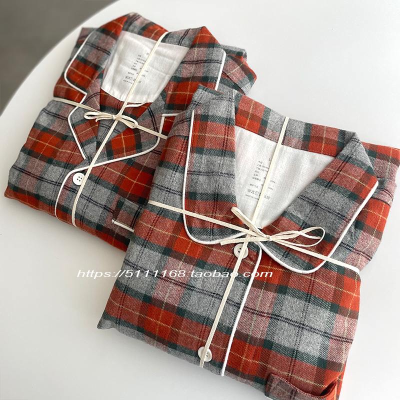 Japanese-Style Plaid Couple Pajamas, Seamless Flannel Loungewear, Autumn and Winter Cotton Long-Sleeve and Long-Pants Set