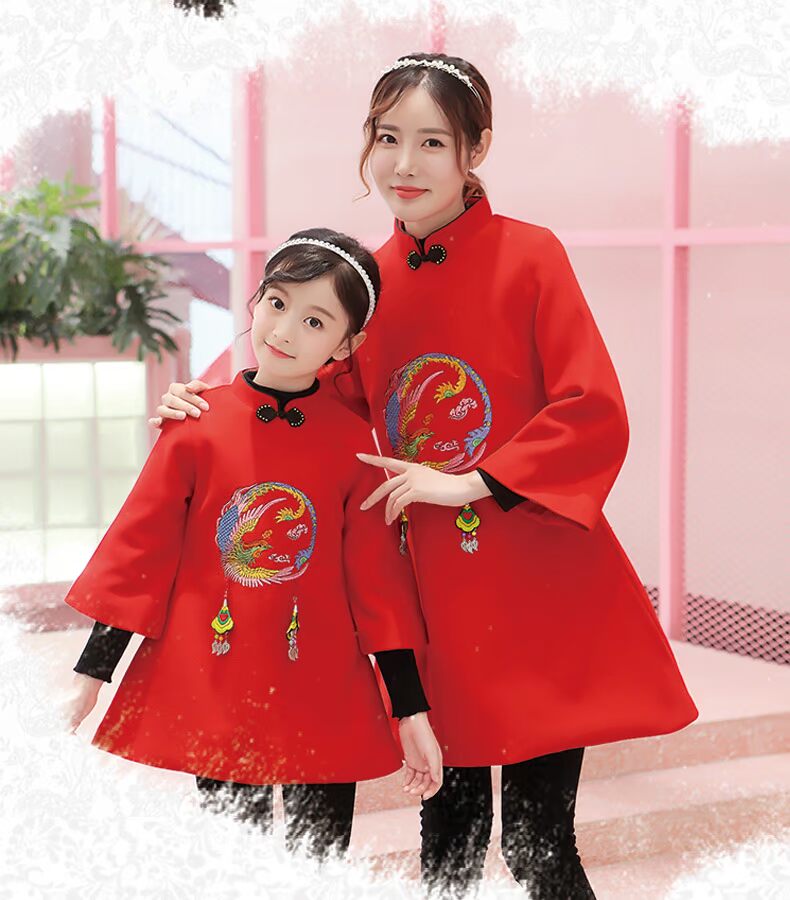 Năm mới, quần áo cotton, bộ đồ Tang, trang phục phụ huynh-trẻ em, trang phục phụ nữ, quần áo mùa đông, phong cách Trung Quốc, váy sườn xám, màu đỏ, năm mới thời trang gia đình