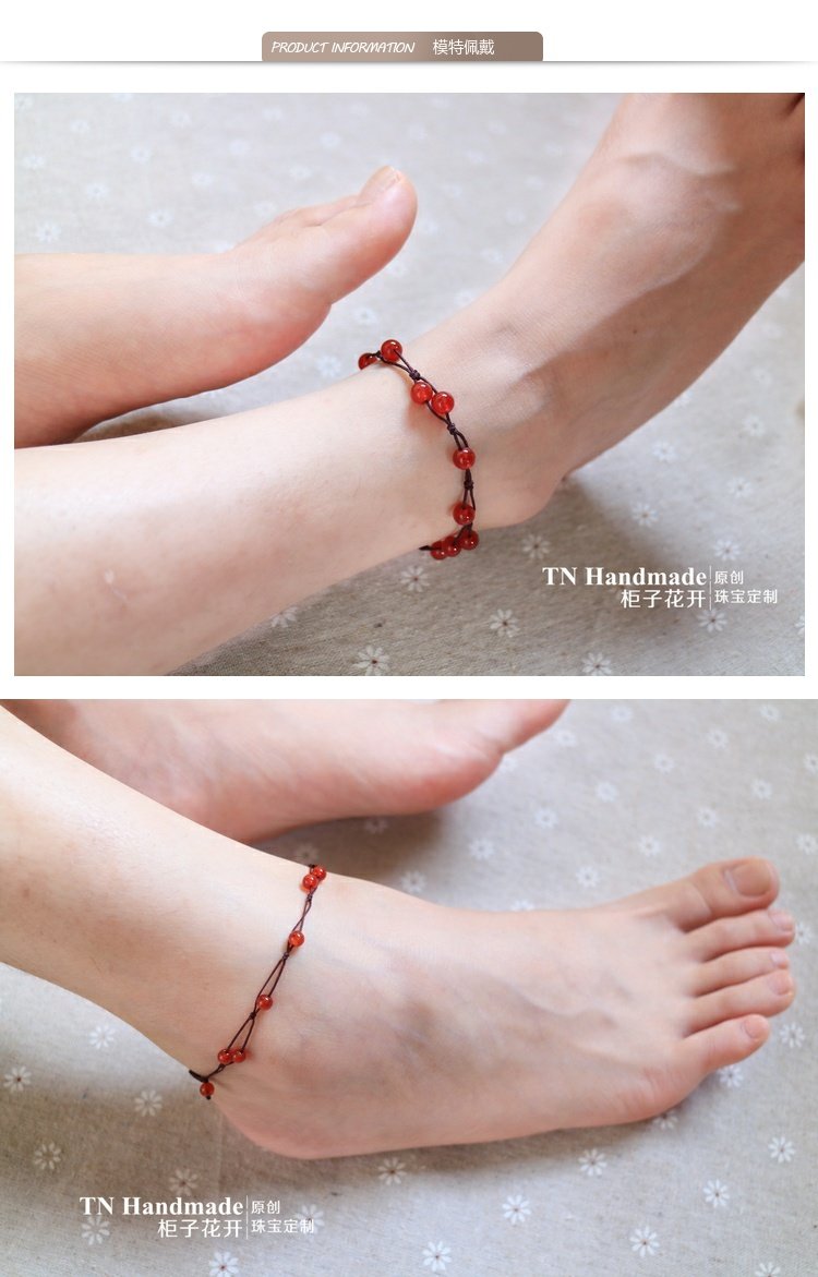 Người chống hoa nhỏ Hoa đào Wangcai Nữ dệt bằng tay mã não đỏ dây đeo vòng chân vòng tay đỏ - Vòng chân lắc chân vàng tây