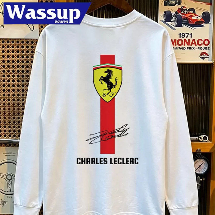 F1 Racing Ferrari Leclerc Signature Long-Sleeved T-Shirt Pure Cotton Loose-Fitting Racing Fan Base Layer Top