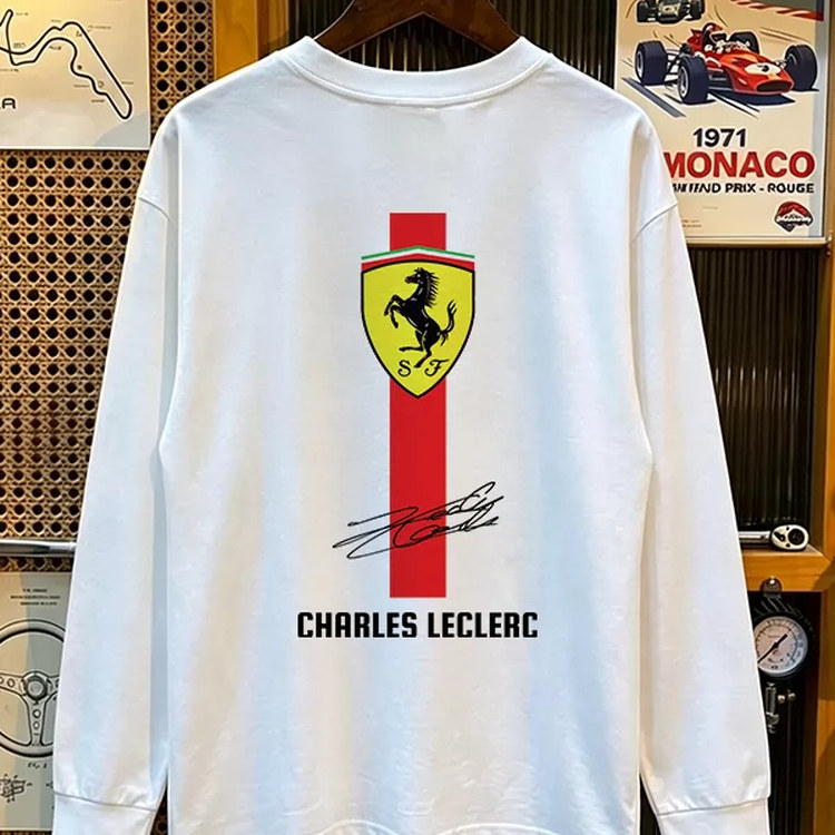 F1 Racing Ferrari Leclerc Signature Long-Sleeved T-Shirt Pure Cotton Loose-Fitting Racing Fan Base Layer Top F1 Racing Ferrari Leclerc Signature Long-Sleeved T-Shirt Pure Cotton Loose-Fitting Racing Fan Base Layer Top