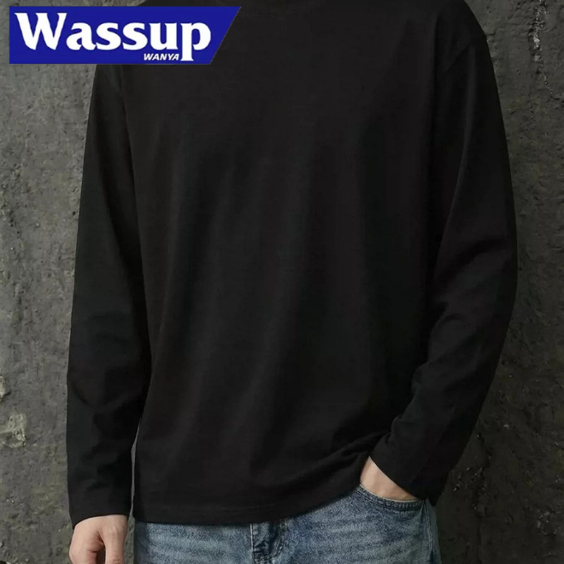 Wassup Long-Sleeved T-Shirt Men's Pure Cotton Base Layer Shirt with Round Neck Black Top Basic Style 2026 Autumn and Winter New Style