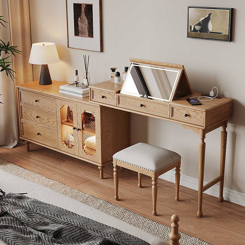 Solid Wood Dressing Table and Chest of Drawers Integrated French Mid-Century Style Master Bedroom Bedside Corner Small Apartment Dressing Table