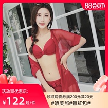 Sexy exposed bikini swimsuit womens three-piece ins wind spa small chest gathered seaside blouse Lace swimsuit