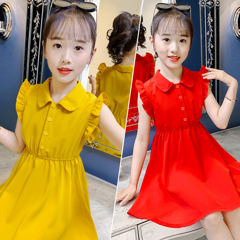 Girls' chiffon dress summer dress 2022 new western style children's solid color lapel long skirt in the big children's princess skirt