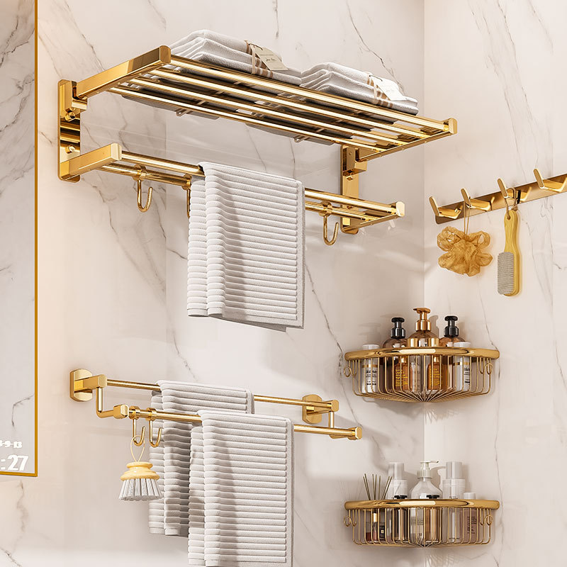 Gold Towel Rack, All-Copper Bath Towel Rack, Bathroom Hardware Shelf, Toilet Bathroom Storage Rack, No-Drill Set Gold Towel Rack, All-Copper Bath Towel Rack, Bathroom Hardware Shelf, Toilet Bathroom Storage Rack, No-Drill Set