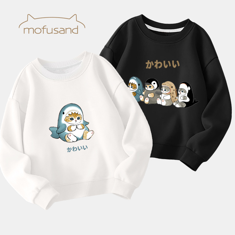 Mofusand Pure Cotton Spring and Autumn Sweatshirt, Lucky Cat Sandy, Long-Sleeved Base T-Shirt for Boys and Girls, Shark Cat