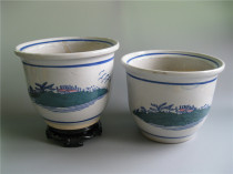 In the late period of the Cultural Revolution porcelain ceramic blue and white glaze red landscape flower pots old potted bonsai fleshy pot