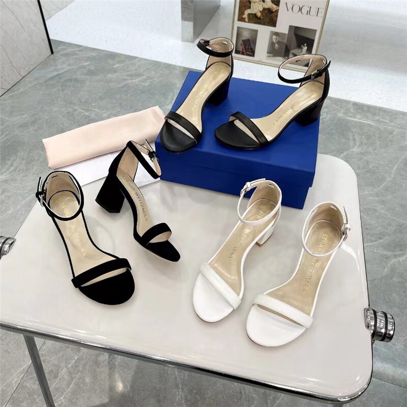 Sw Chunky Heel Sandals Black Suede Single Strap High Heels Women's Fashion Sandals Mid-Heel Simple Summer Fashion Open-Toe