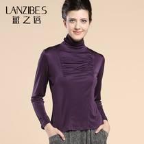 Blue Beibei Silk Korean Spring and Autumn Womens base shirt Mulberry Silk High Neck Pleated Long Sleeve T-Shirts