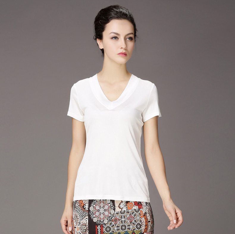 Màu xanh 蓓 mùa hè lụa T-Shirt ngắn tay của phụ nữ áo sơ mi dâu tằm tơ V-Cổ áo len là mỏng kích thước lớn của phụ nữ mẹ ăn mặc áo đầm trung niên