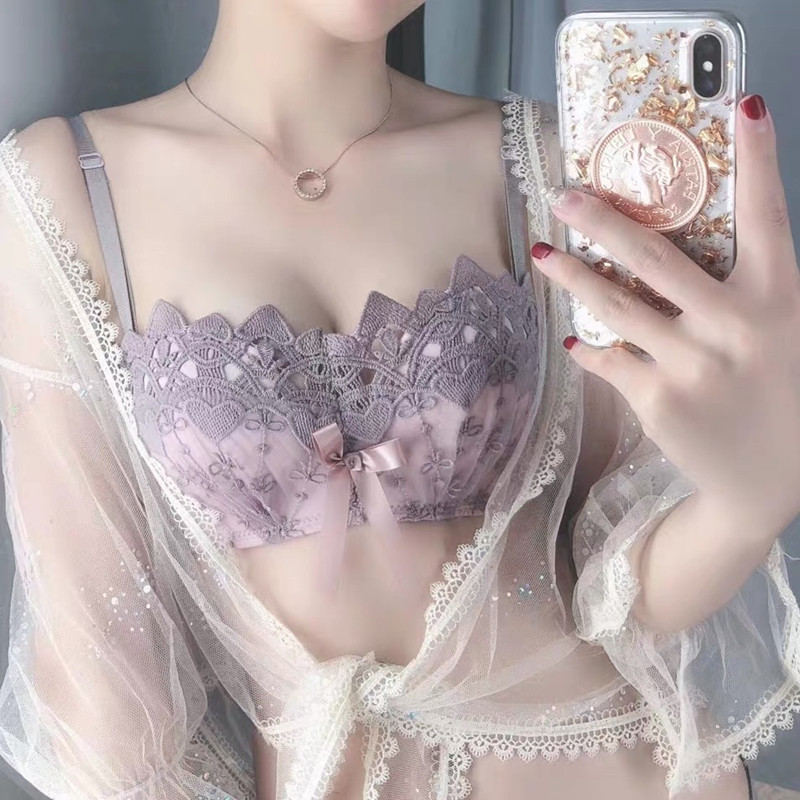 Sexy Lace Underwear Women's No Steel Rings Small Breasts Gathering and Paired Breasts Adjustable Embroidery Show Big Bra Set Confused - Taobao