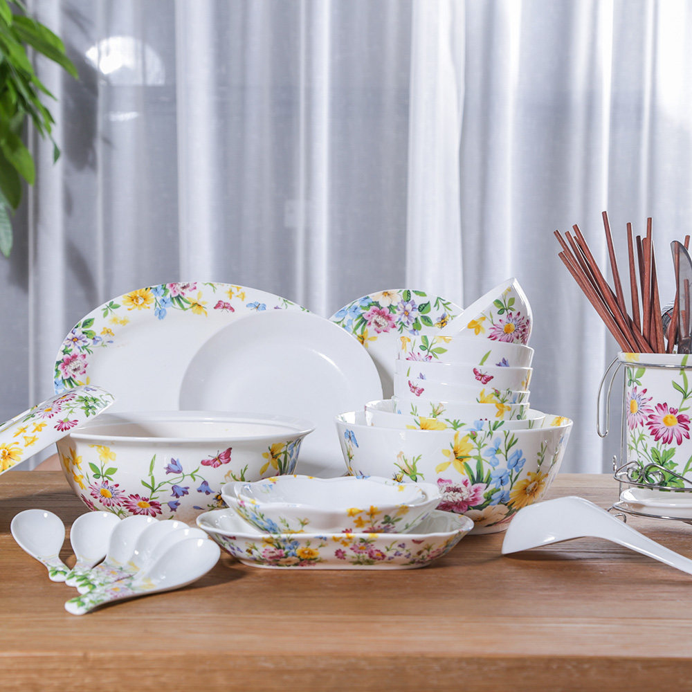 Flower Sea Bone Porcelain Tableware Set Rice Bowl Noodles Bowl Soup Bowl Household Rice Bowl Vegetable Plate Ceramic Fish Plate