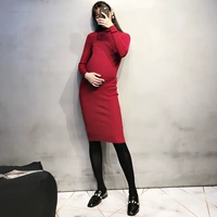 Bà bầu mùa thu đông đan áo dài phần cổ cao tay dài chạm đáy áo sơ mi Slim thời trang hot mom mùa thu mang thai đầm bầu công sở dáng dài