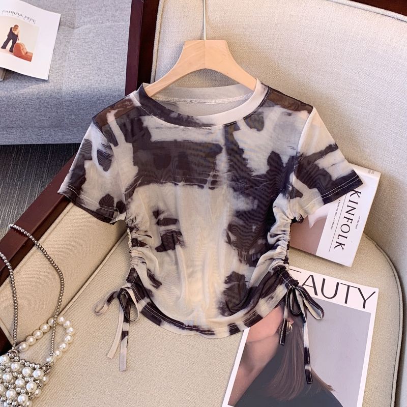 American-Style Drawstring Short-Sleeved T-Shirt for Women, New Summer Printed Mesh Hot Girl Short Round-Neck Sun Protection Top