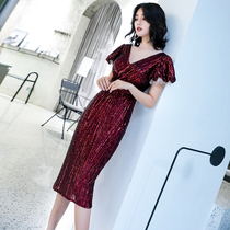 Dinner evening dress female 2019 New Noble simple generous temperament wine red sequin fishtail dress