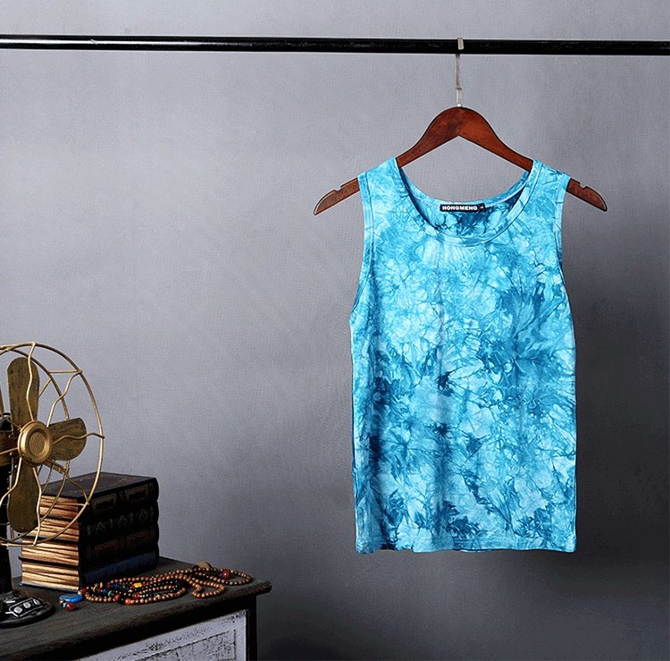 Áo thun cotton cổ tròn không tay, áo thun bó sát nhuộm vest liền mạch nam mùa hè béo cỡ lớn khiêu vũ đường phố lạ mắt vest ao the thao