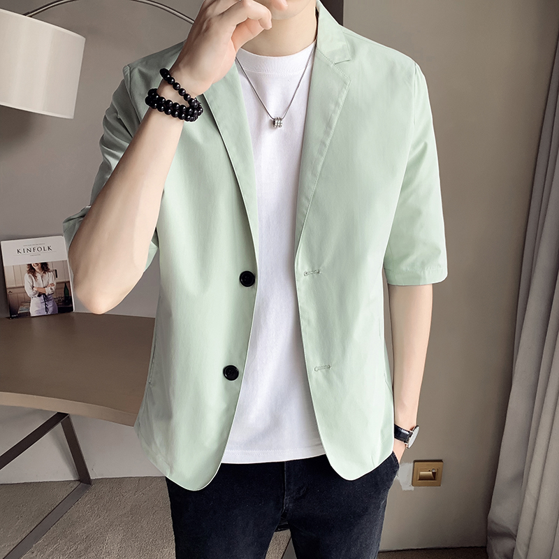 Summer slim fit half sleeves minor suit men's jacket 50% sleeves Single Western blouse Korean version Pure color sunscreen Little Western suit