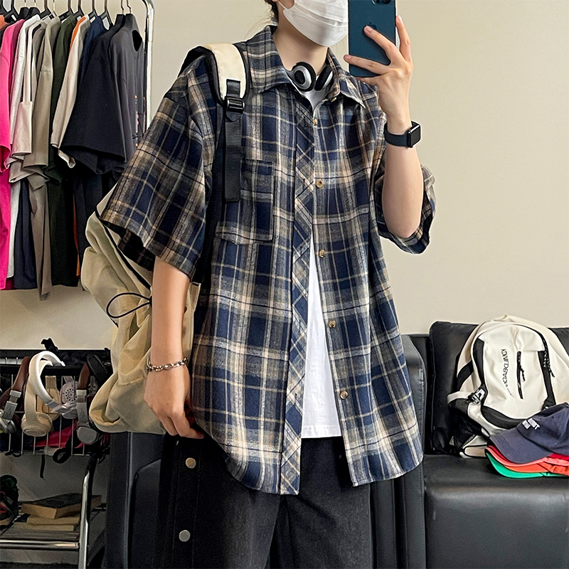 Cooling Shirt Men's Short-Sleeved Summer New Style Youth Casual Small Plaid Shirt Men's Loose Clothes for Junior High School Students