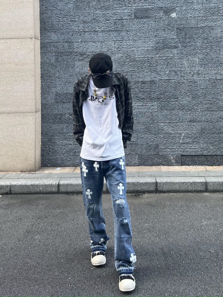 Water Wash Retroit High Street Trumper Jeans Men Vibe Wind Cross Destroy Leisure Men and Women Micro-horn Trouser Tide