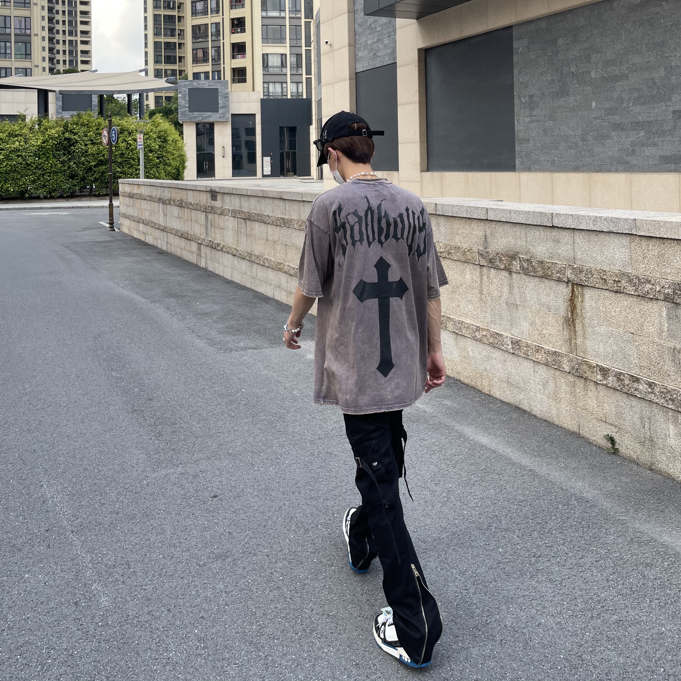 European and American high street retro washed old cross short-sleeved men's tide ins American hip-hop niche couple summer T-shirt