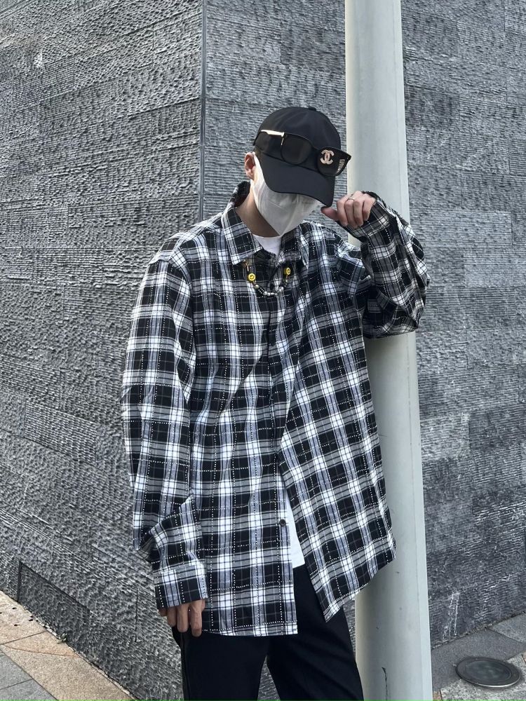 2022 American Autumn New Hot Drill Plaid Shirt Men Ins Tide Cards Superior Casual Jacket Male and female blouses 