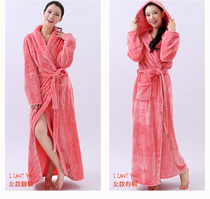 Coral velvet pink nightclothes flannel large-code dressing gown female winter thickening and long hat bathrobe couples home suit