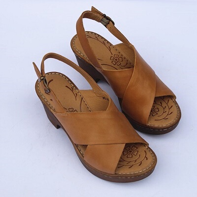 Genuine Leather Vintage Sandals for Women, Hand-Stitched, Retro Chunky High Heels, Open-Toe Cowhide, Surplus Stock, High-Heeled Shoes for Summer