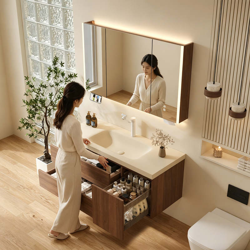 Anran Bathroom Antique Style Rock Slab Hot-Bent Integrated Basin Pull-Out Basket Bathroom Cabinet Set Toilet Washbasin Vanity