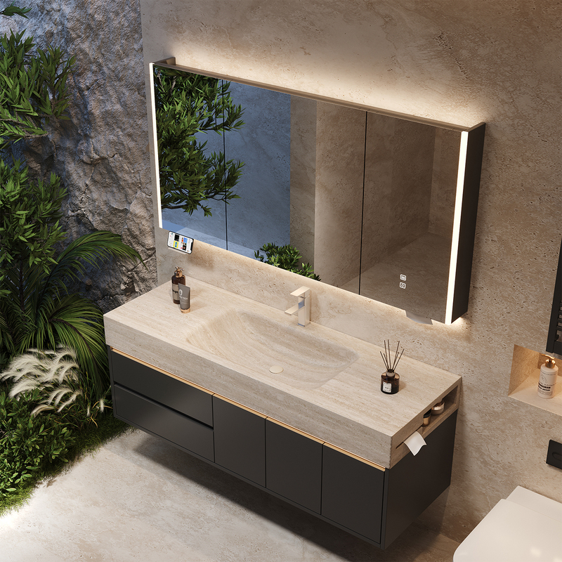 Anran Bathroom Black Travertine Stone Integrated Basin Bathroom Cabinet with Side Storage and Washbasin