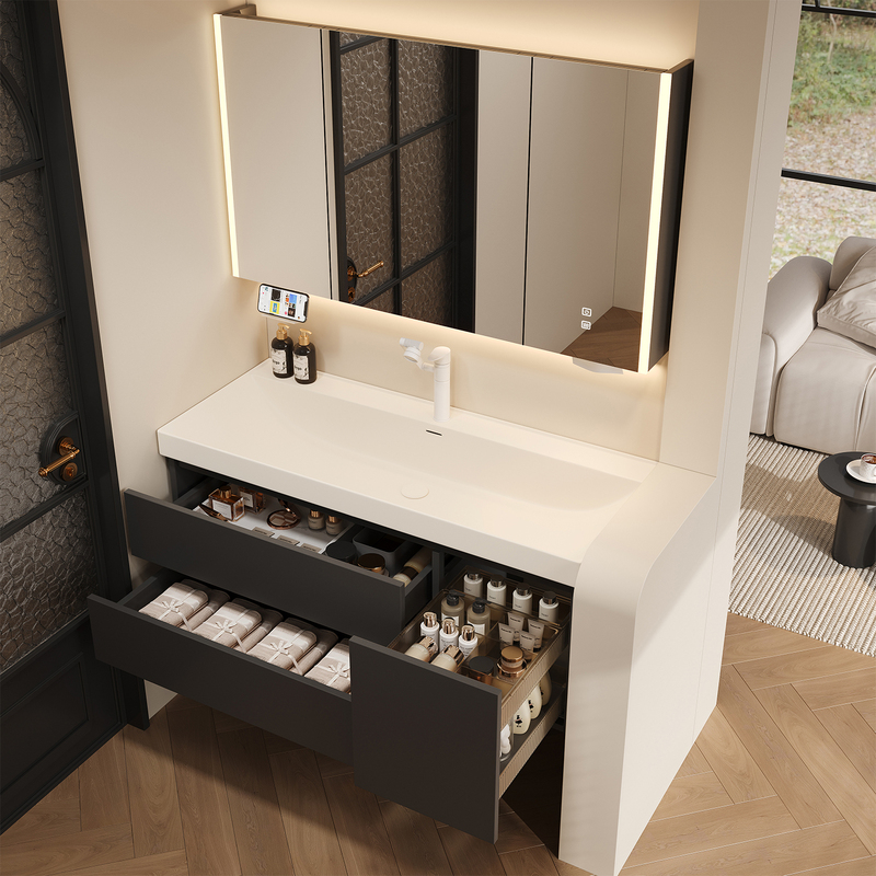 Anran Bathroom Black Gilded Stone Integrated Basin Pull-Out Basket Bathroom Cabinet Set Toilet Washbasin Face Washing Sink