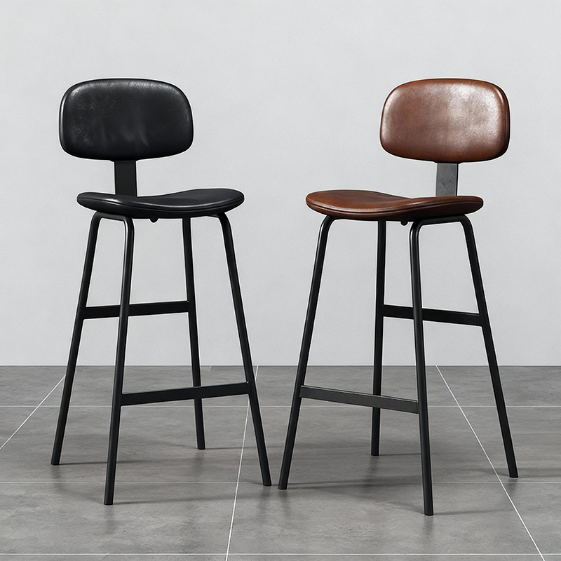 Modern Minimalist Leather Bar Chair with Black Metal Frame, High Stool with Backrest Design Modern Minimalist Leather Bar Chair with Black Metal Frame, High Stool with Backrest Design